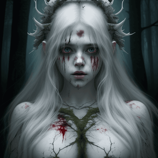 AI generated: beautiful stunning ethereal white female, eerie forest queen, blood splatter, photorealistic, ultra ...