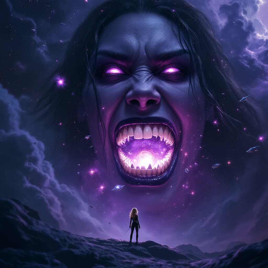 AI generated: enormous giantess Rhea Ripley  from WWE
bigger than a galaxy floating in space, minuscule galaxies i...