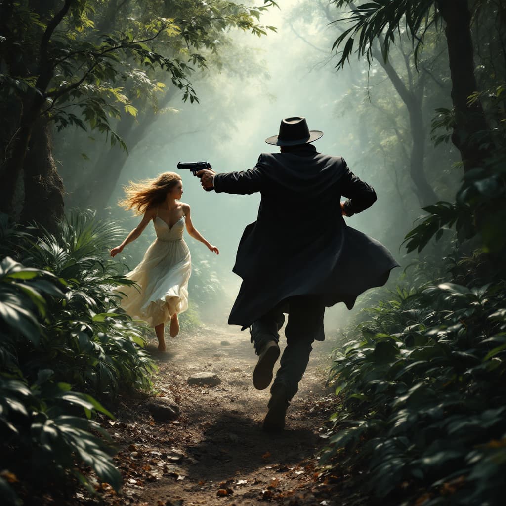 AI generated:  a man wearing black coat and hat running with a pistol in hand towards a running girl wearing white...