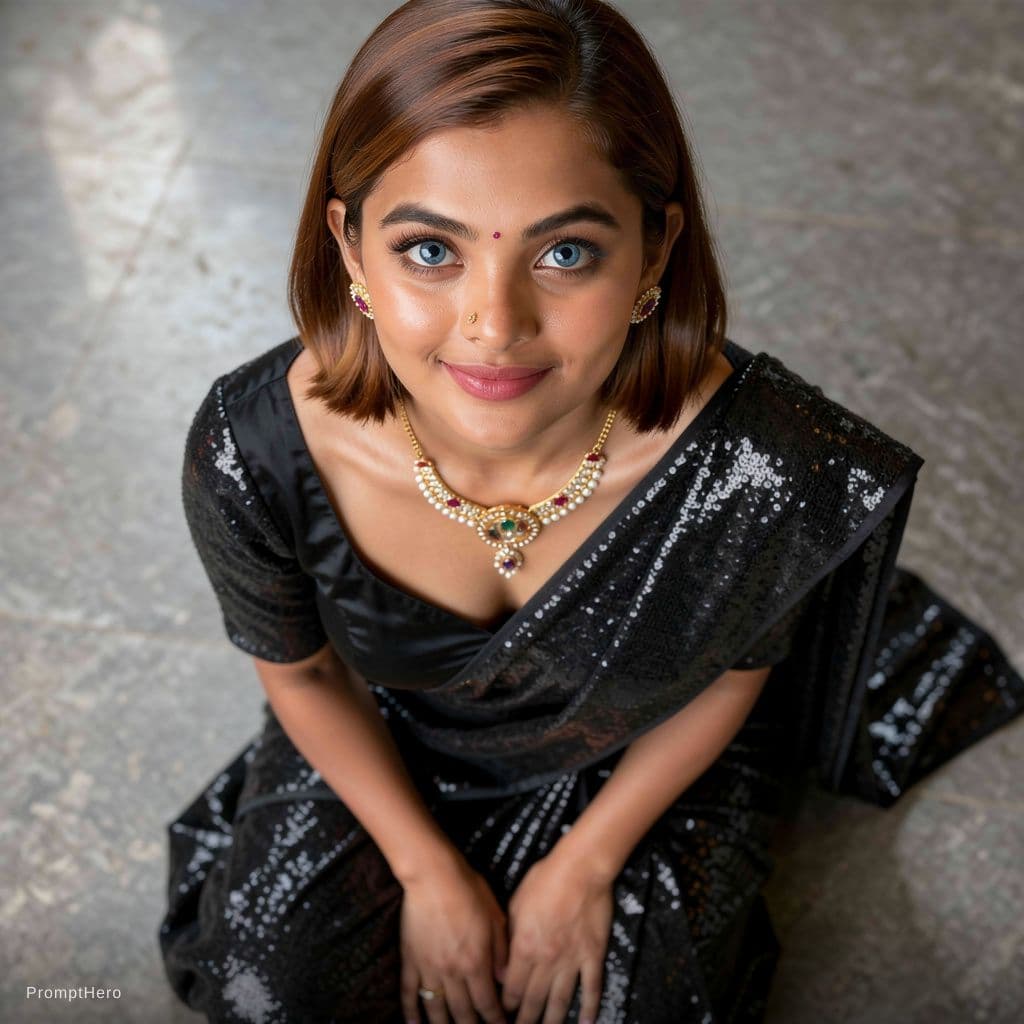 AI generated: Shot from above, 20 years old India lady, [slim lady, slender lady], with big expressive eyes, [blue...