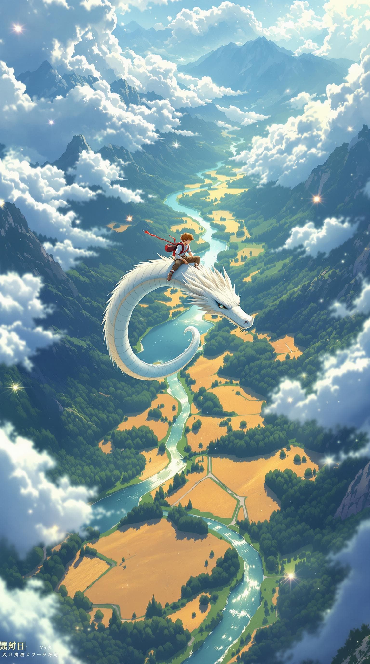 AI generated: A young traveler rides on the back of a sleek, white dragon with a long, serpentine body, soaring hi...
