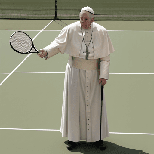 AI generated: Pope Francis playing Tennis, standing on a tenniscourt