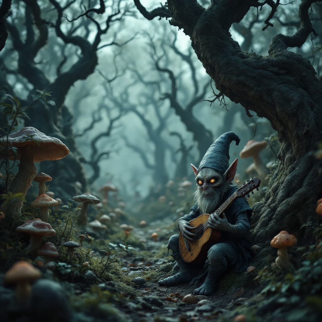 AI generated: creepy enchanted forest at twilight, twisted trees and mushrooms, a small gnome-like creature with e...
