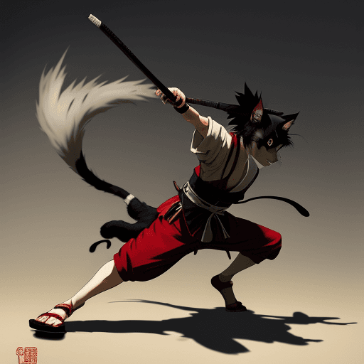 AI generated: A nasty cat with a traditional samourai warrior outfit, spectacular cinematographic movement scene, ...