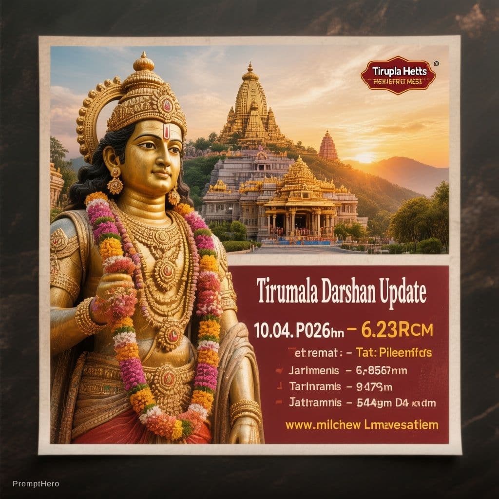AI generated:  Create a photorealistic devotional
Tirumala Darshan update poster.
Left side: majestic statue of Lo...