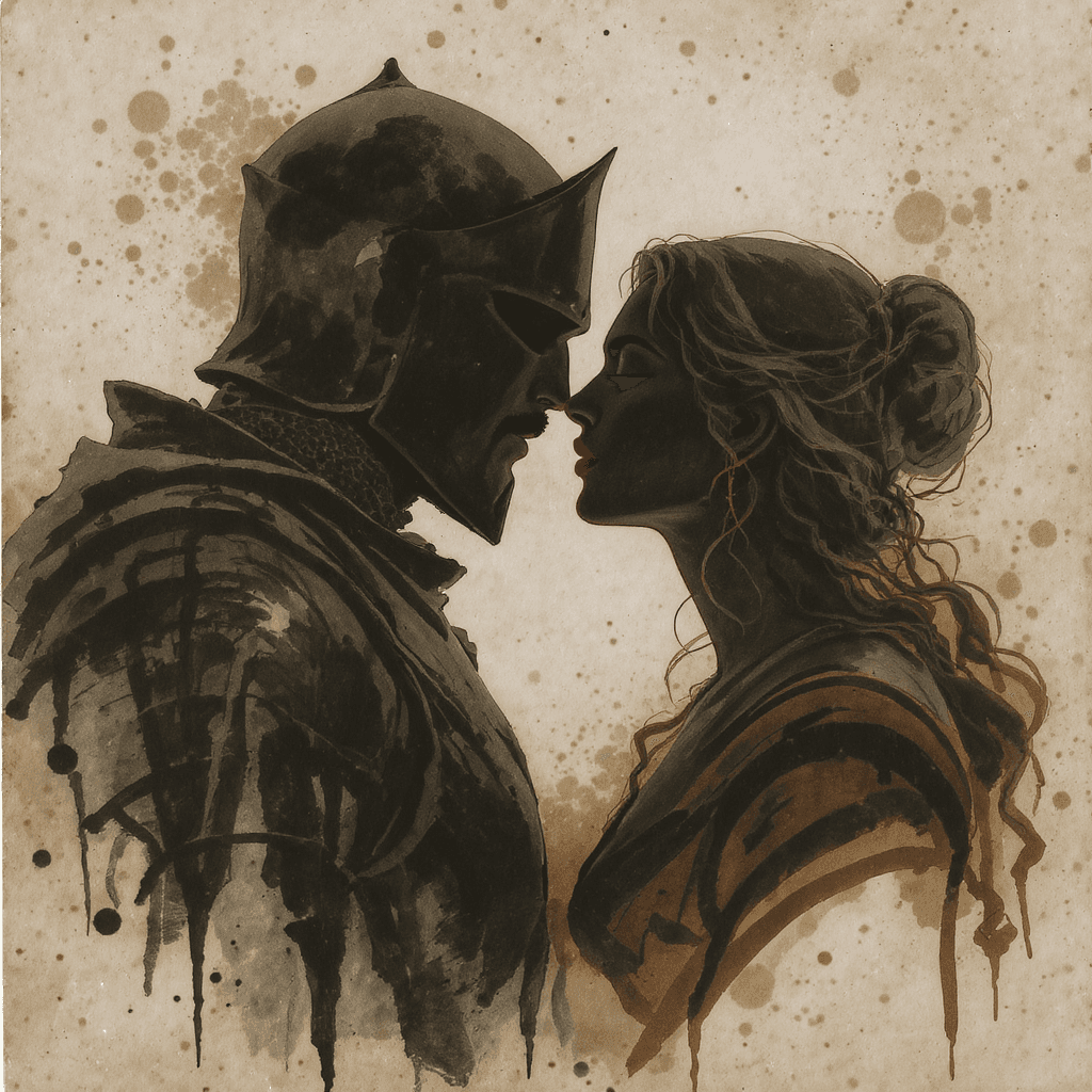 AI generated: An illustration of a knight and a lady frozen in the moment before a kiss. The image is created with...