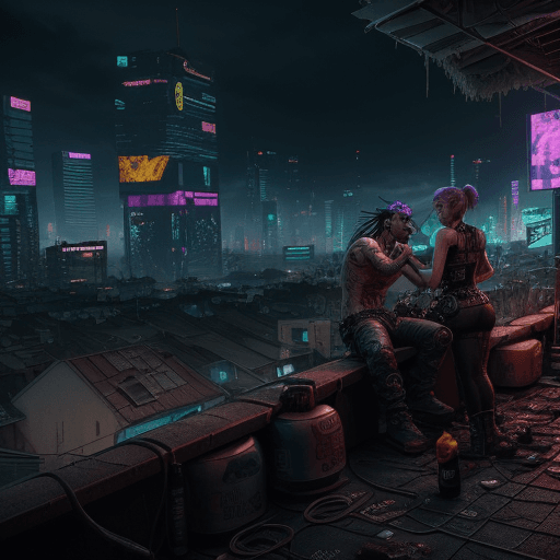 AI generated: a couple drinks beer on a roof and in the background is a destroyed cyberpunk world, there also a pa...