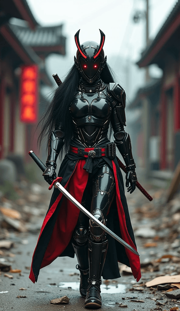 AI generated: Cyberpunk, female robot samurai,  in the middle of a dilapidated street, the samurai robot woman, fu...