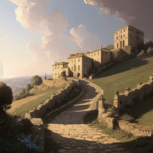 AI generated: a small italian country mansion on a hill, with a gravel path, cinematic view, blue sky, detailed, c...