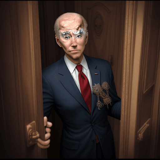 AI generated: High resolution Biden as a marionette with strings leaving through the door ; 8k, intricate detail, 