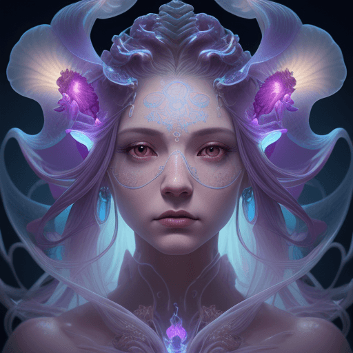 AI generated: Goddess close-up portrait ribcagel. jellyfish phoenix head, nautilus, orchid, skull, betta fish, bio...