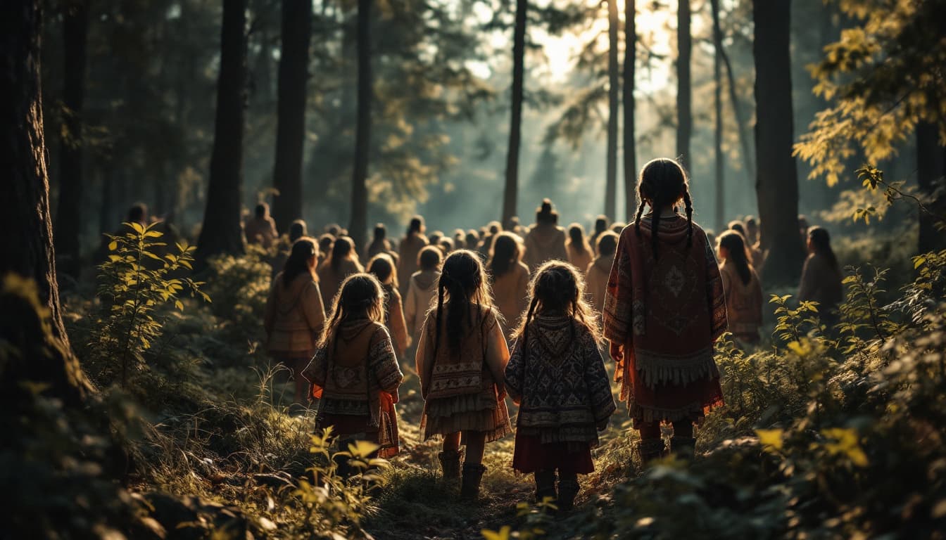 AI generated: Some children are seen wearing simpler clothes with the same traditional patterns. Native American f...