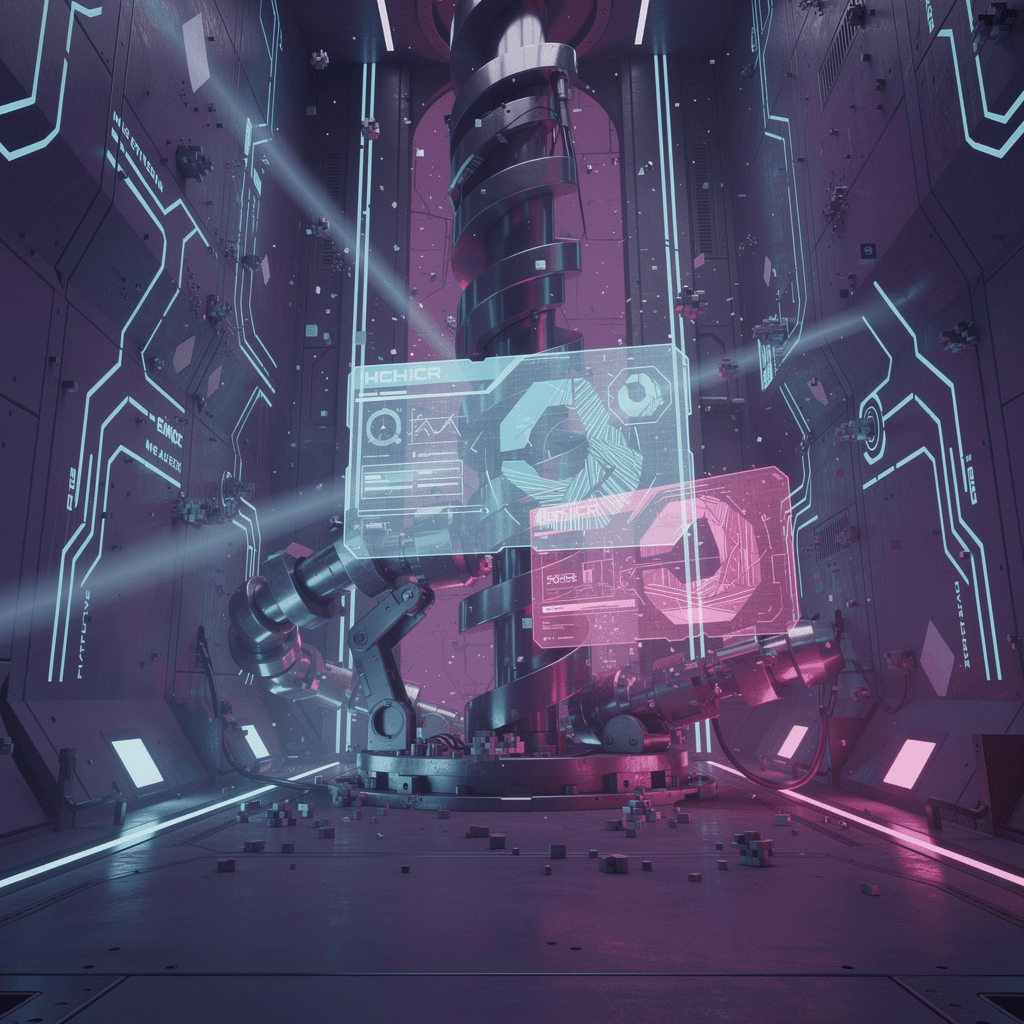 AI generated: futuristic machine room inside digital mine, purple #2A1B5E walls with embedded 
cyan light circuits...
