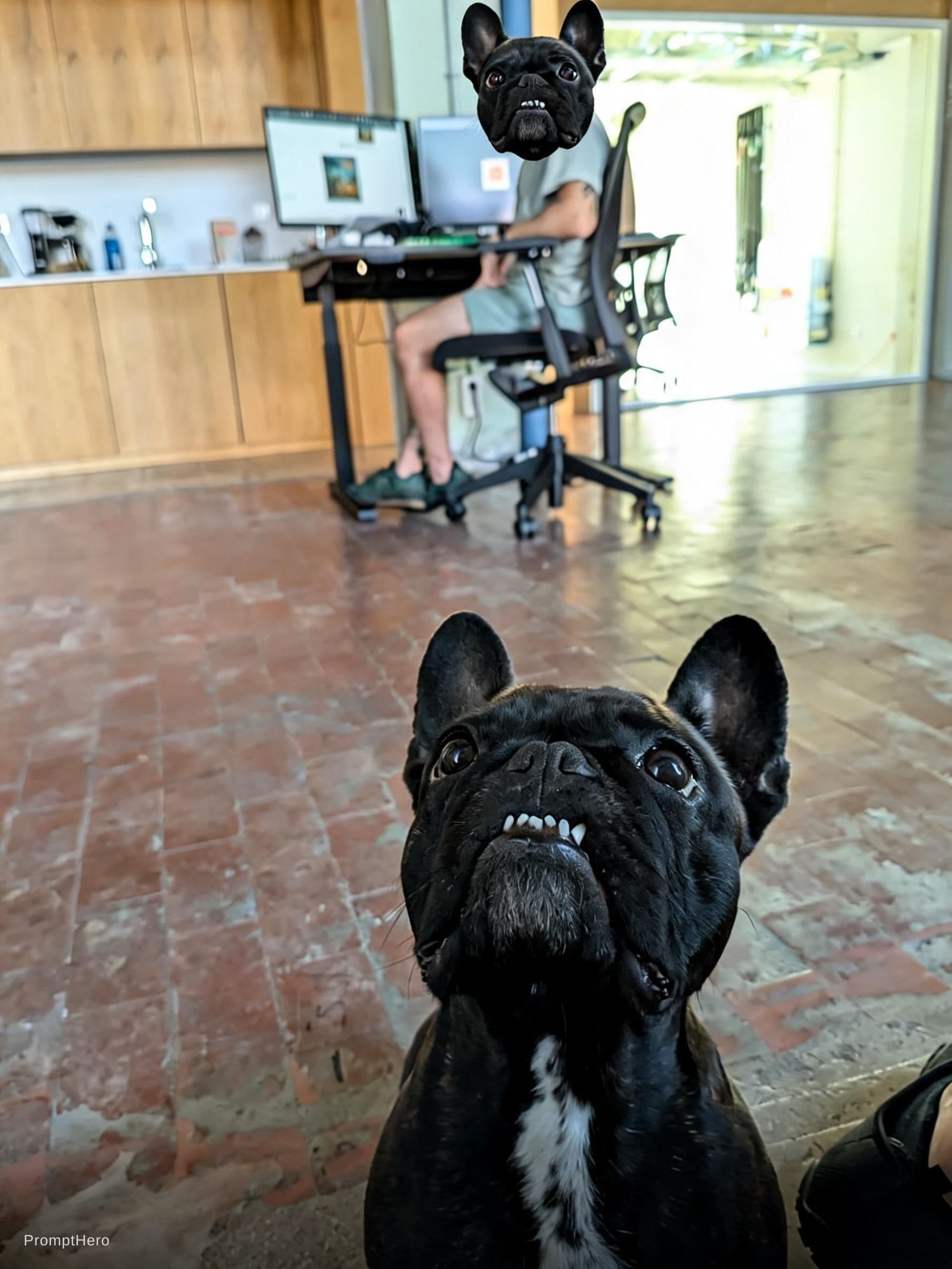 AI generated: replace the face of the Chinese man with the pug, preserving the pugs facial expression