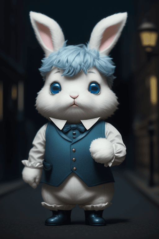 AI generated: cut little fluffy Bunny cub dressed up as sherlock holmes, blue eyes, investigating a crime, pixar-s...