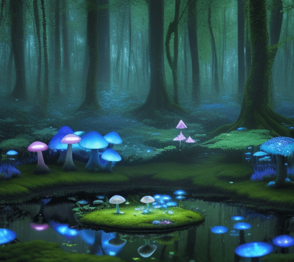AI generated: "A dense, magical forest filled with towering trees and glowing blue mushrooms. The ground is covere...