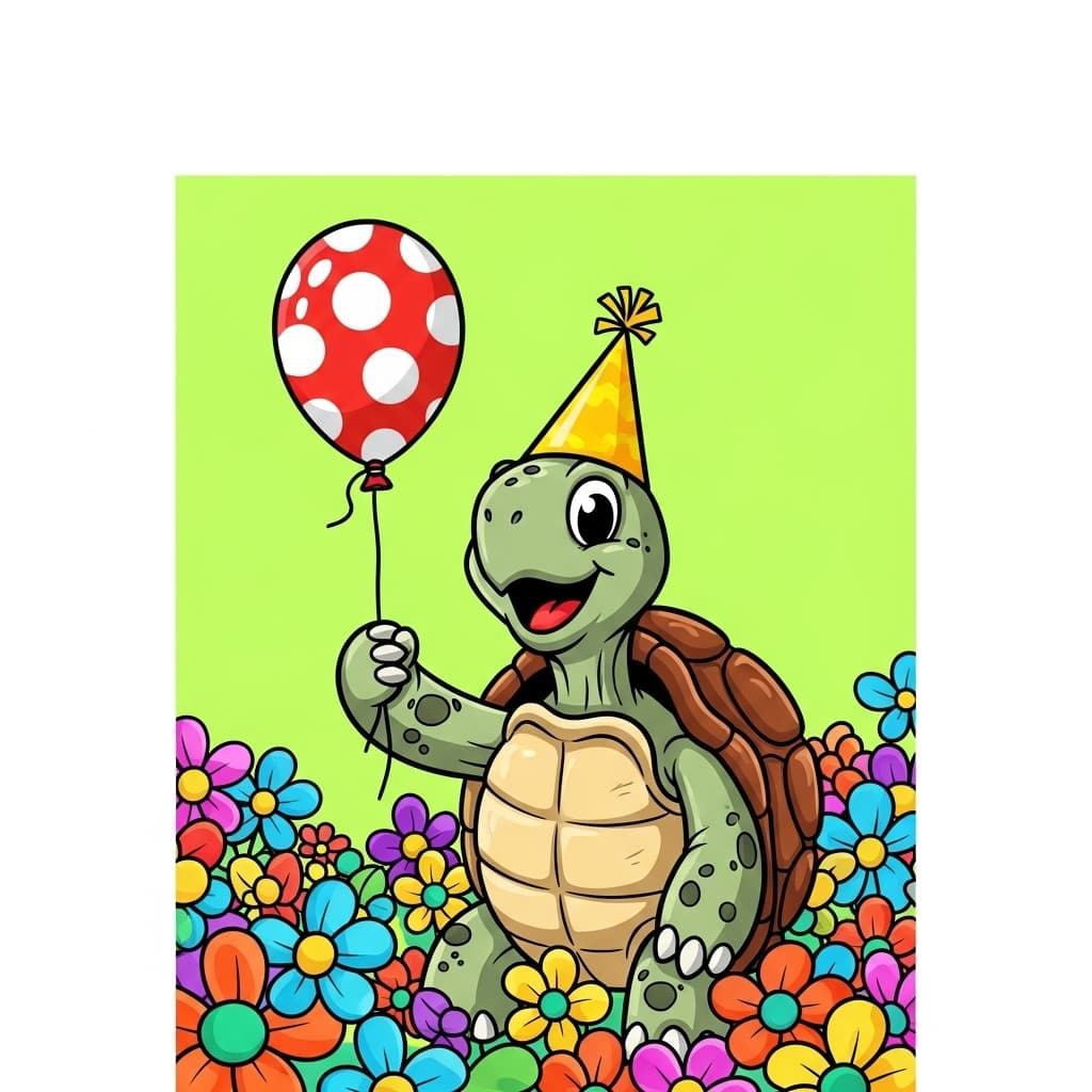AI generated: Cartoon turtle with Yellow party Hať And teď baloon.