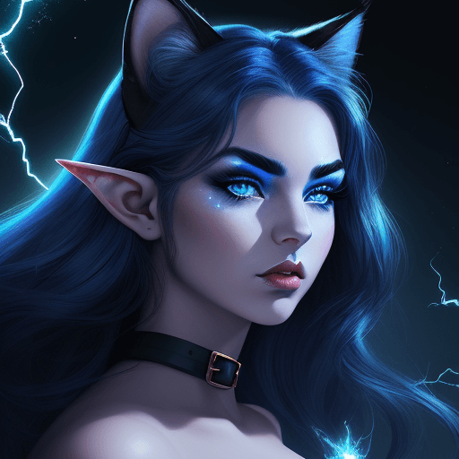 AI generated: cat girl with whip illustration style, with blurred background, blue sparkles, blue lightning, beaut...