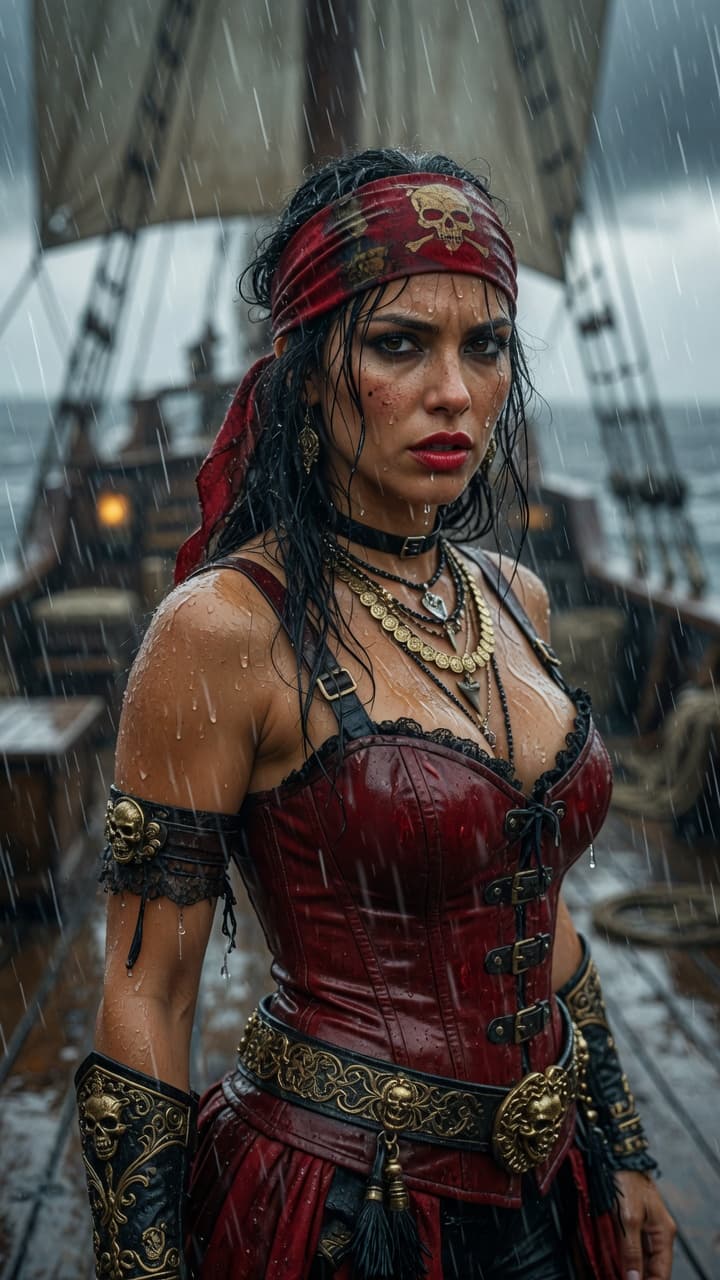 AI generated: Ultra-realistic photography of a stunning, fierce female pirate warrior standing on the deck of a wo...