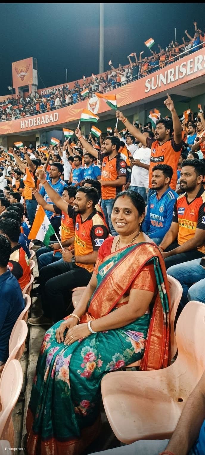 AI generated: A girl sitting in the stadium Hyderabad as a background fans cheering. 