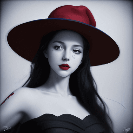 AI generated: Female in a high form hat oil painting art, Red and dark night blue hat, she looks enchanting, exude...