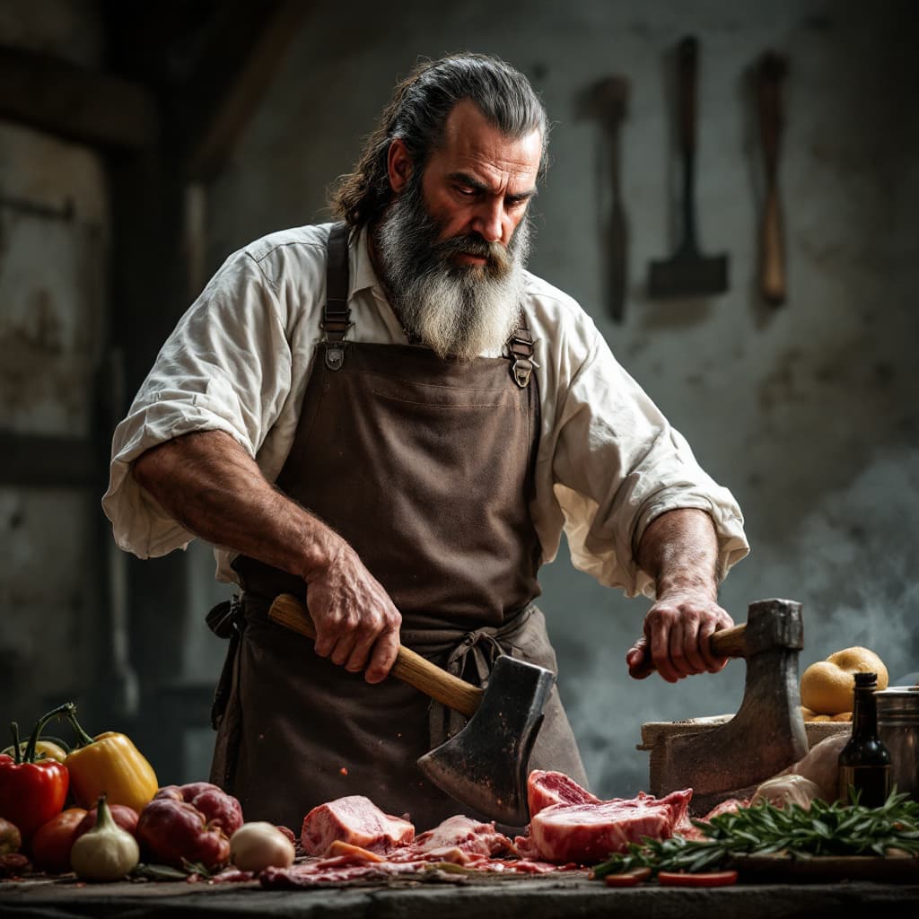 AI generated: Middle Ages, normal looking butcher with axe, no background, while working, completely visible, hype...