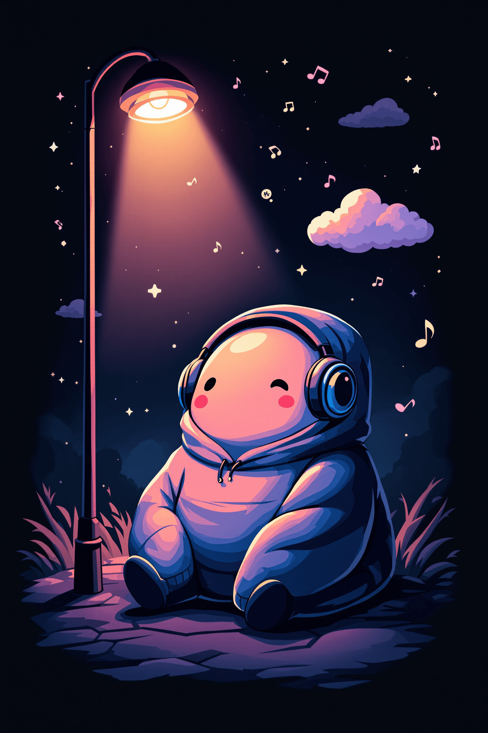 AI generated: A blob-like creature with a hoodie and headphones, chilling under a streetlight with floating calmin...