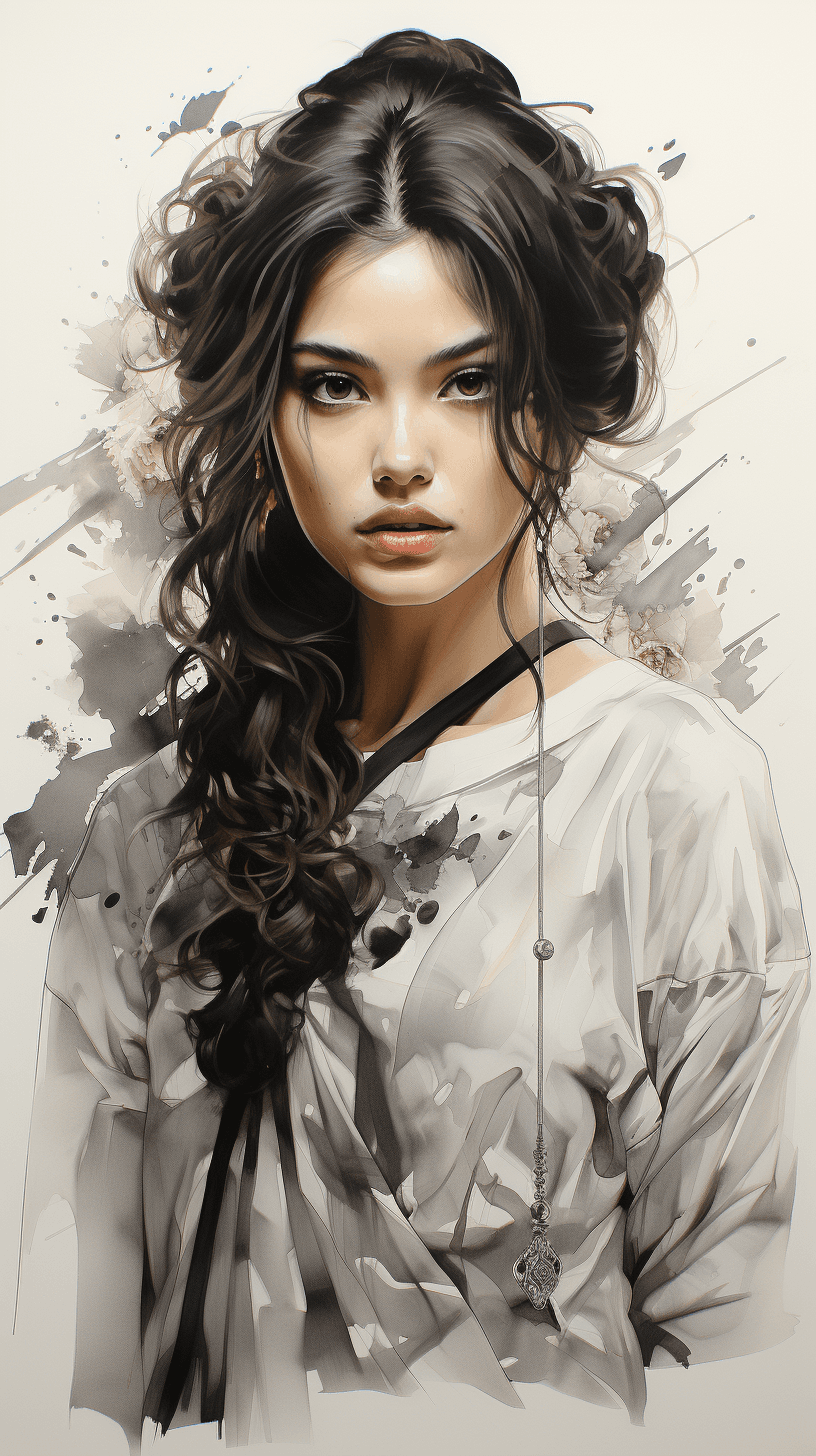 AI generated: in the style of a black and white Japanese ink drawing, a beautiful Deepika Padukone in a traditiona...