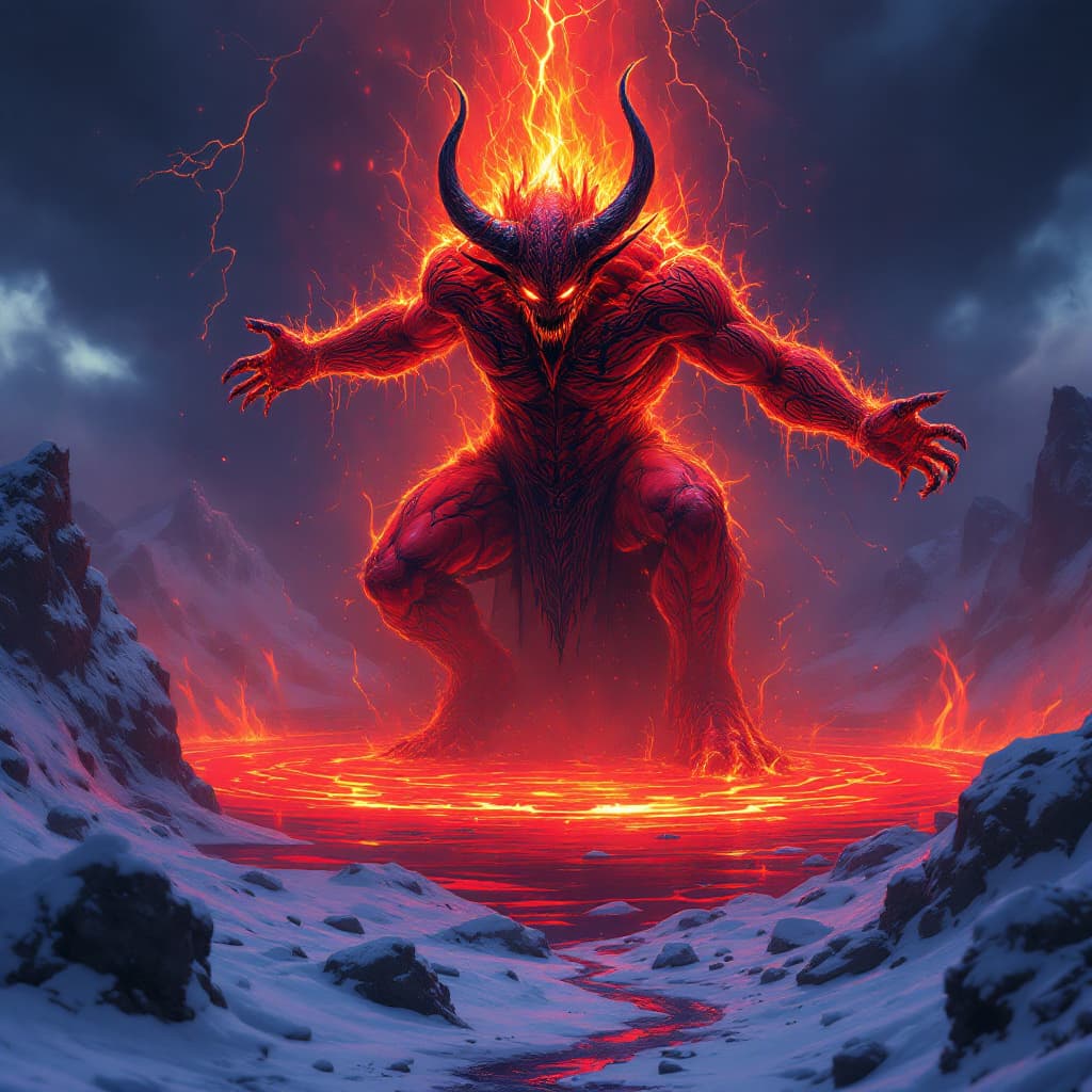 AI generated: A scene of intense fury and malevolent power: thousands of giant red hindu asur demons with menacing...