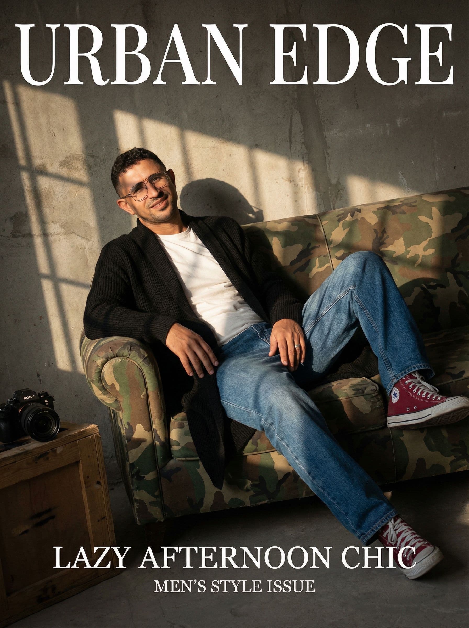 AI generated: photography, magazine cover, tilt shot, male model lounging on a worn camouflage sofa, casually dres...