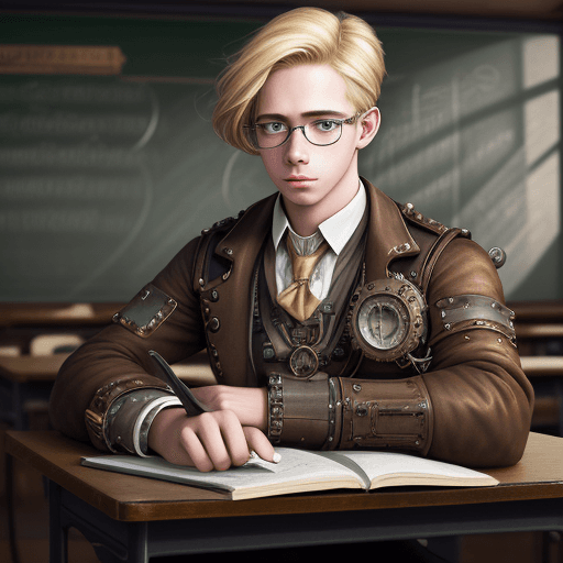 AI generated: Hyper realistic steampunk style, student with glasses, blond hair, caucasian, classroom, smarth phon...