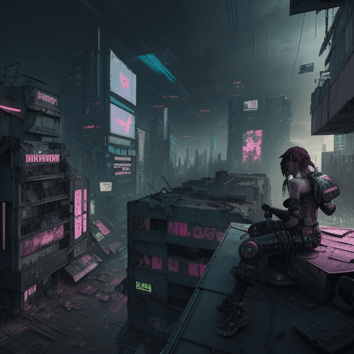 AI generated: 2 person takedrugs on a roof and in the background is a destroyed cyberpunk world