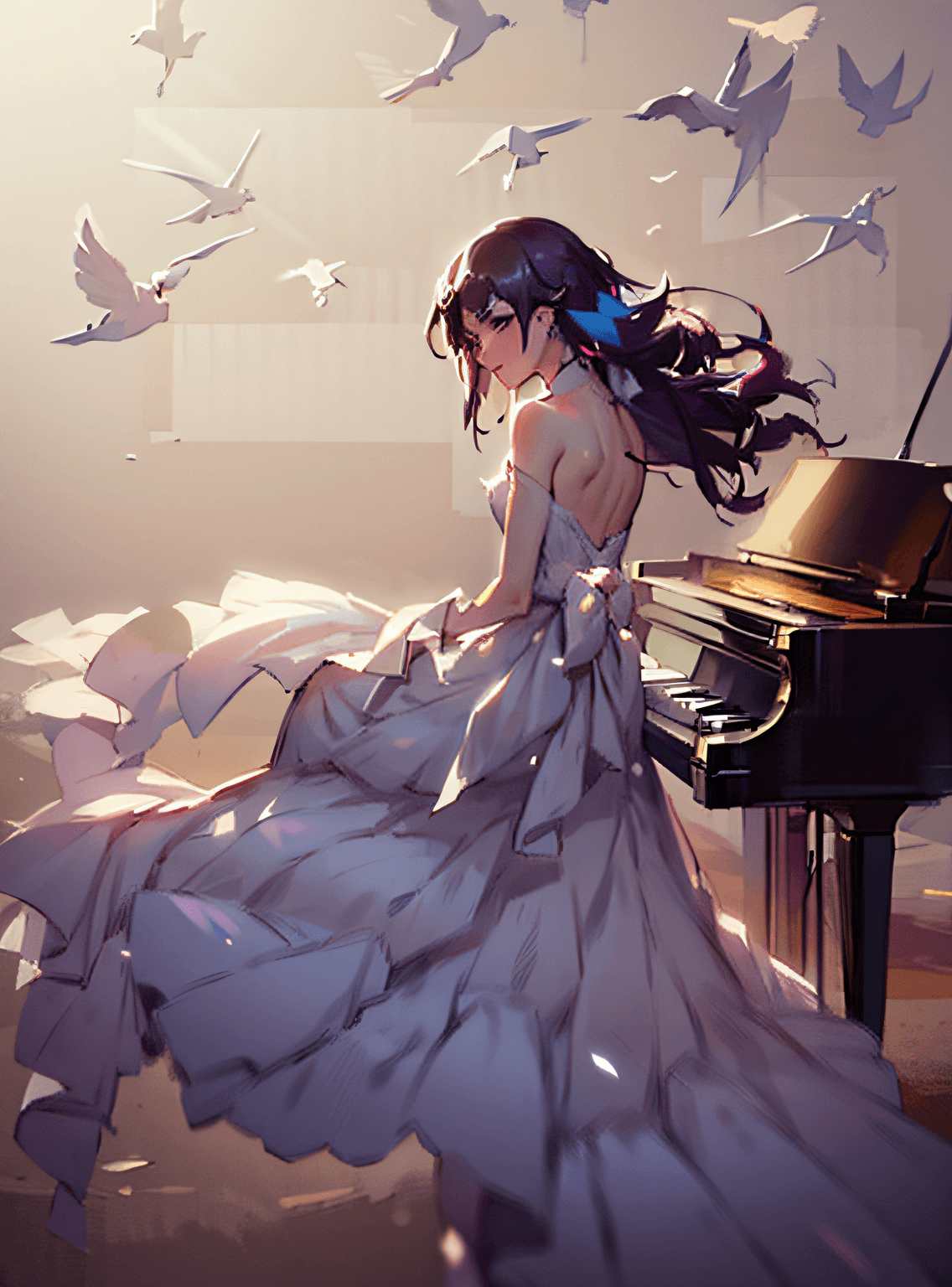 AI generated: painting of a woman in a long dress sitting at a piano, guweiz, artwork in the style of guweiz, guwe...