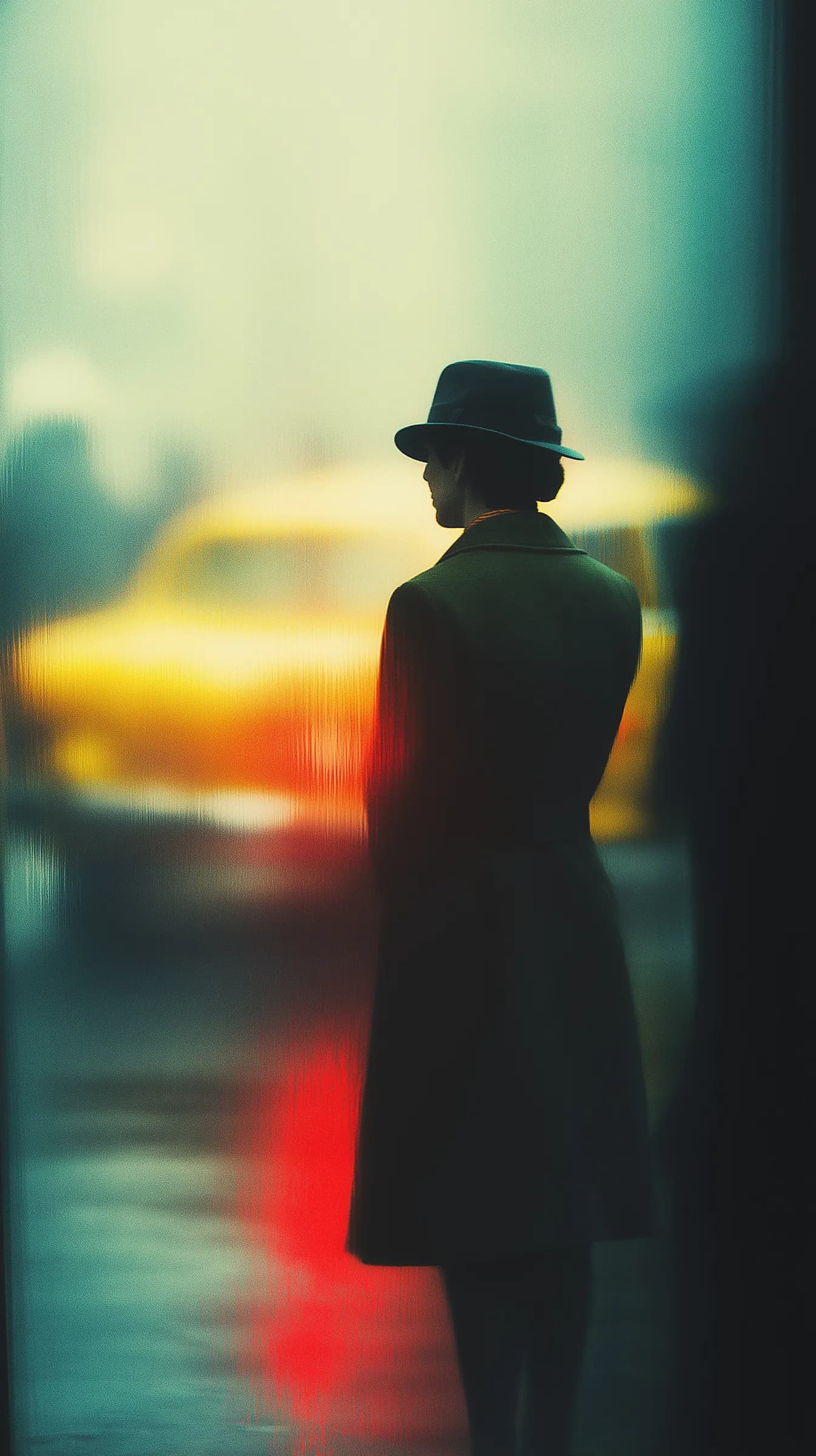 AI generated: Cinematic silhouette of a person in a fedora and coat, with a rainy, blurred background and vibrant ...