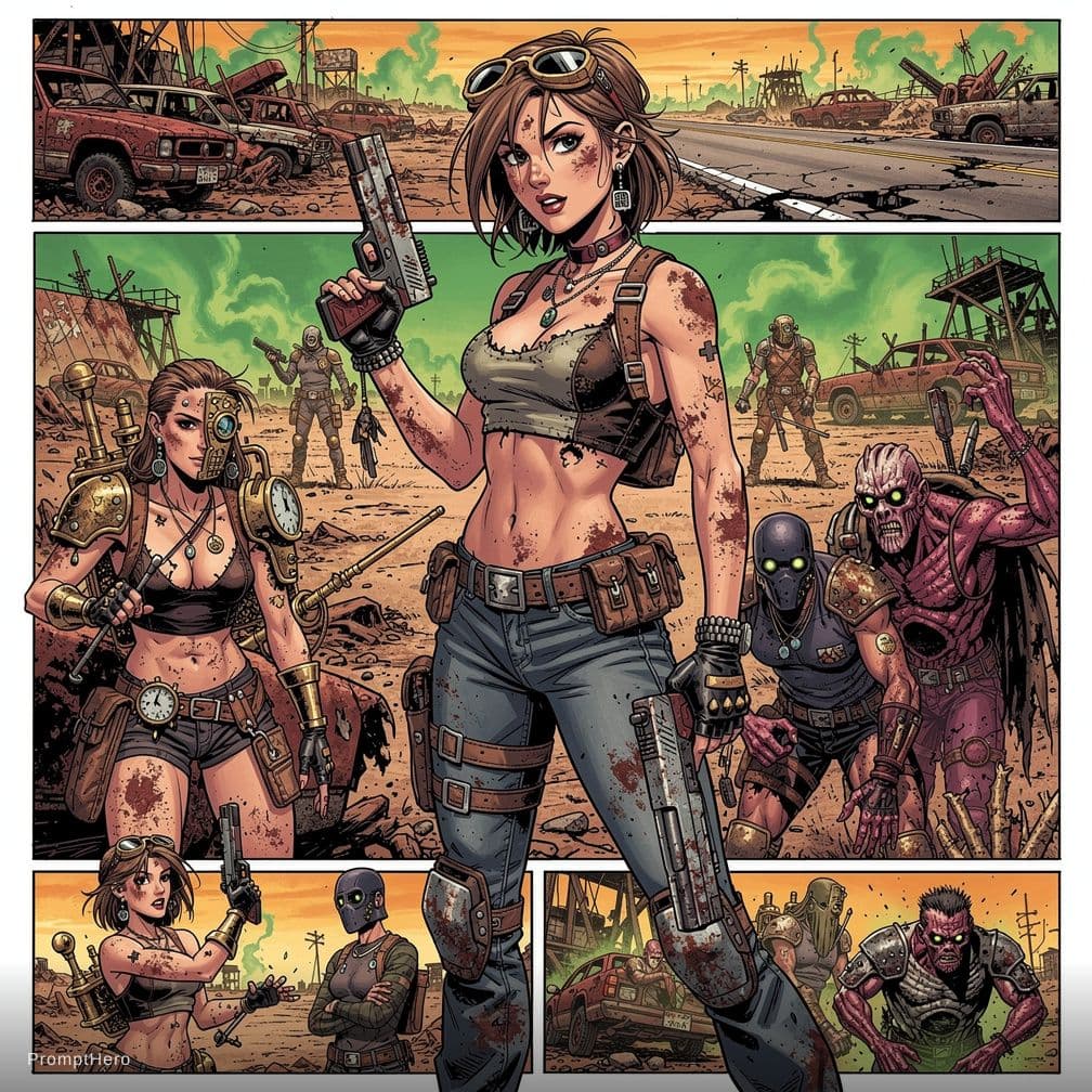AI generated: Full body shot 3/4 view, young beautiful European woman, topless, holding a gun, random illustration...