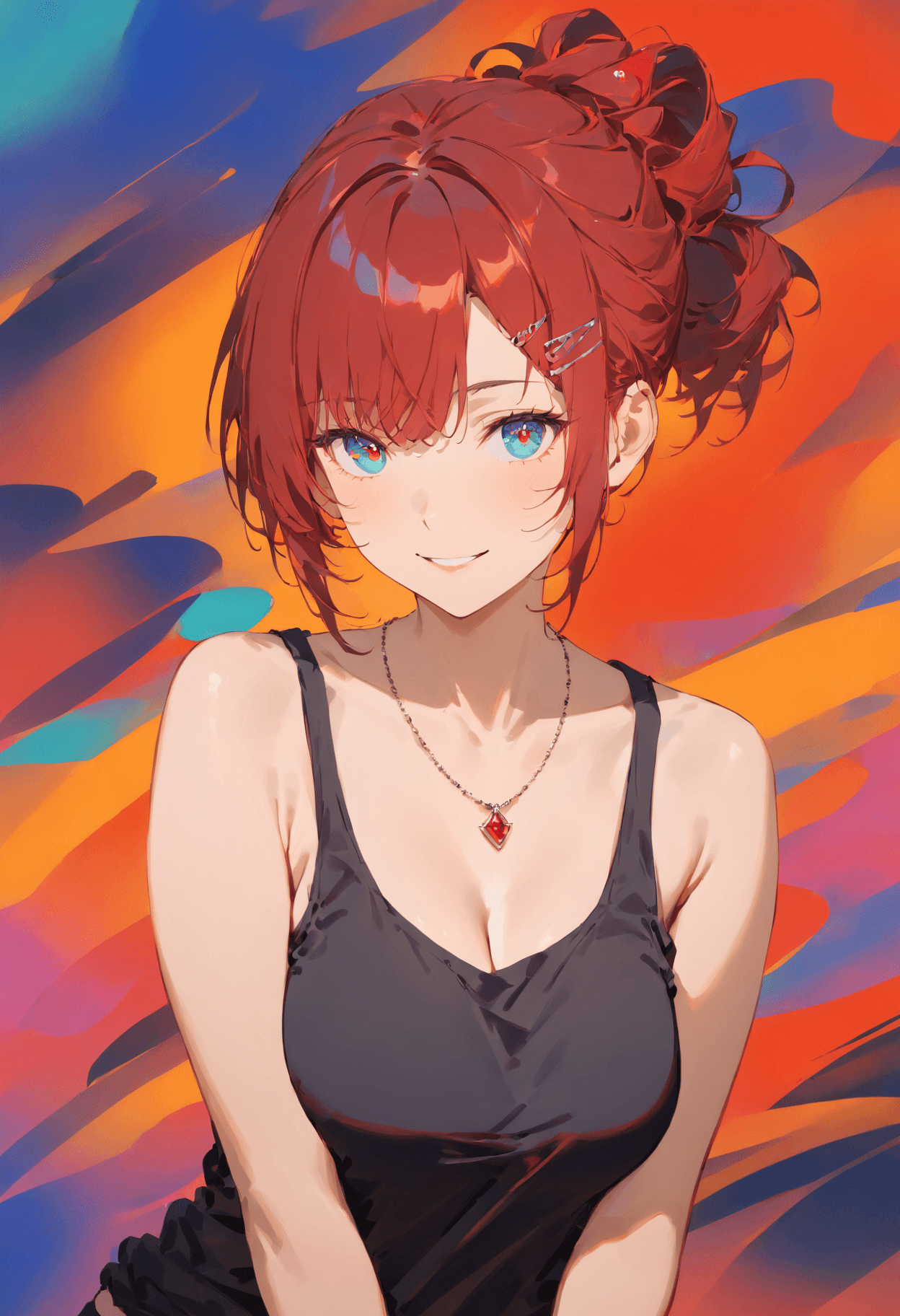 AI generated: 1girl,solo,mature,intense crimson hair,short hair,tied up hair,bangs,hair clip,hair ornament,beautif...