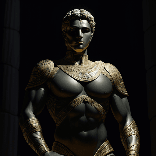AI generated: portrait of a man greek statue, wearing tight-fitting outfit, intricate action pose, Dark Background...