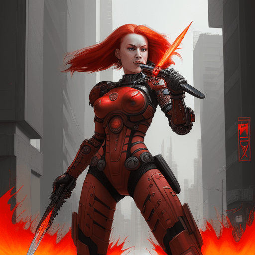 AI generated: An illustration of a fearless warrior with fiery red hair, in the style of Kaleidoscopic, Alex Schom...