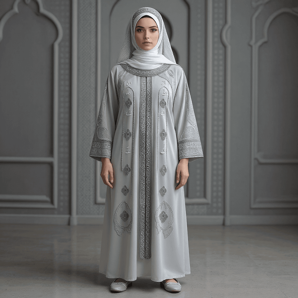 AI generated: Beautiful arab woman, full body showing, wearing abaya and scarf decorated with arabic letters and w...