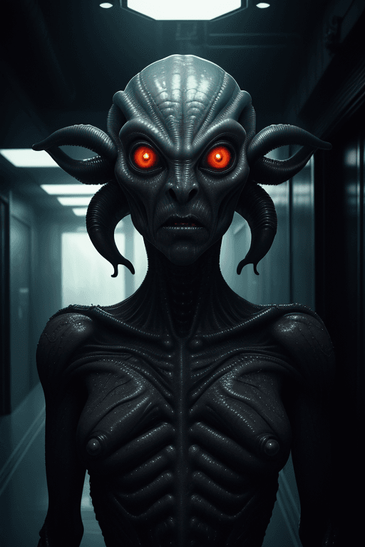 AI generated: masterpiece, a creepy scary alien creature with alien skin and clothing, with a damp and steamy high...