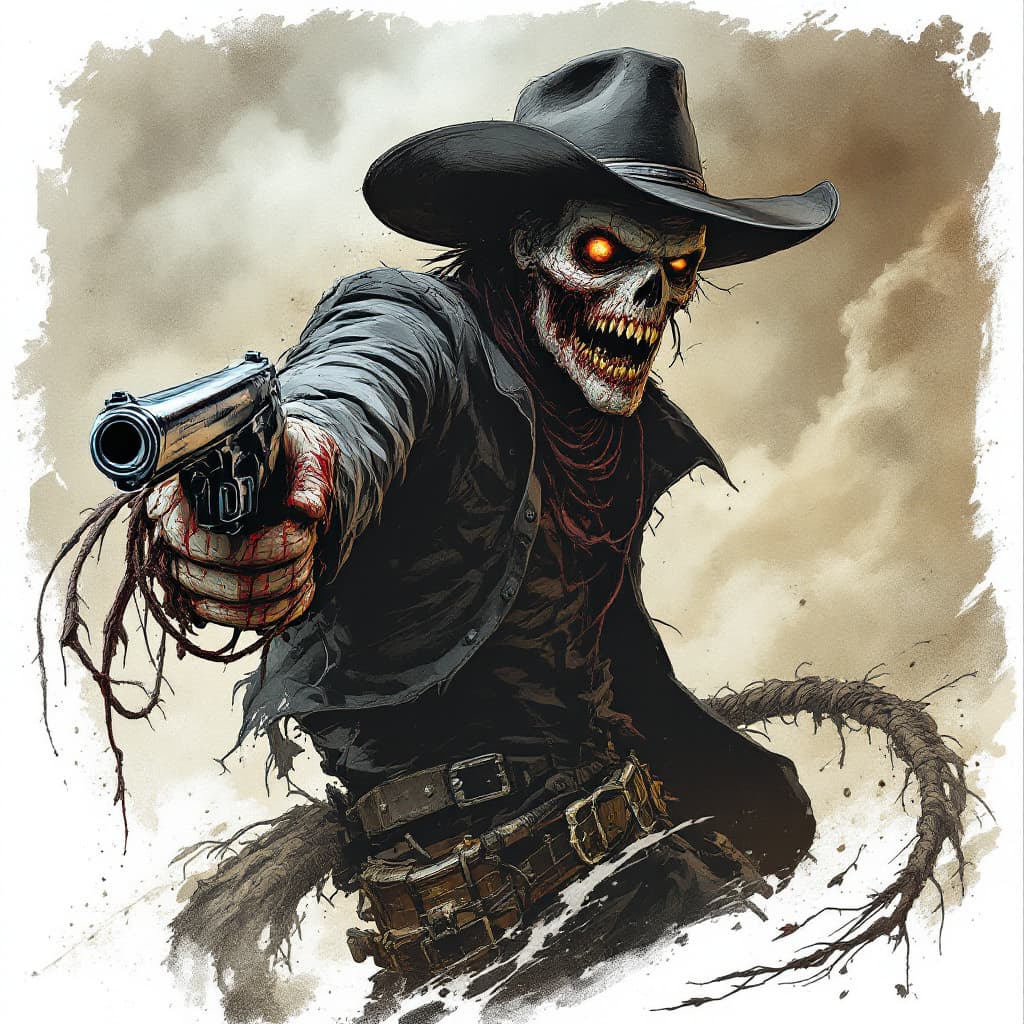 AI generated: comic book art, zombie cowboy, highly detailed, in the style of Ben Templesmith --ar 1:2 --stylize 7...