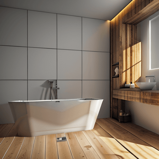 AI generated: High resolution photography interior design, , wooden floor, bathtub,clean cut geometry,3ds max corn...