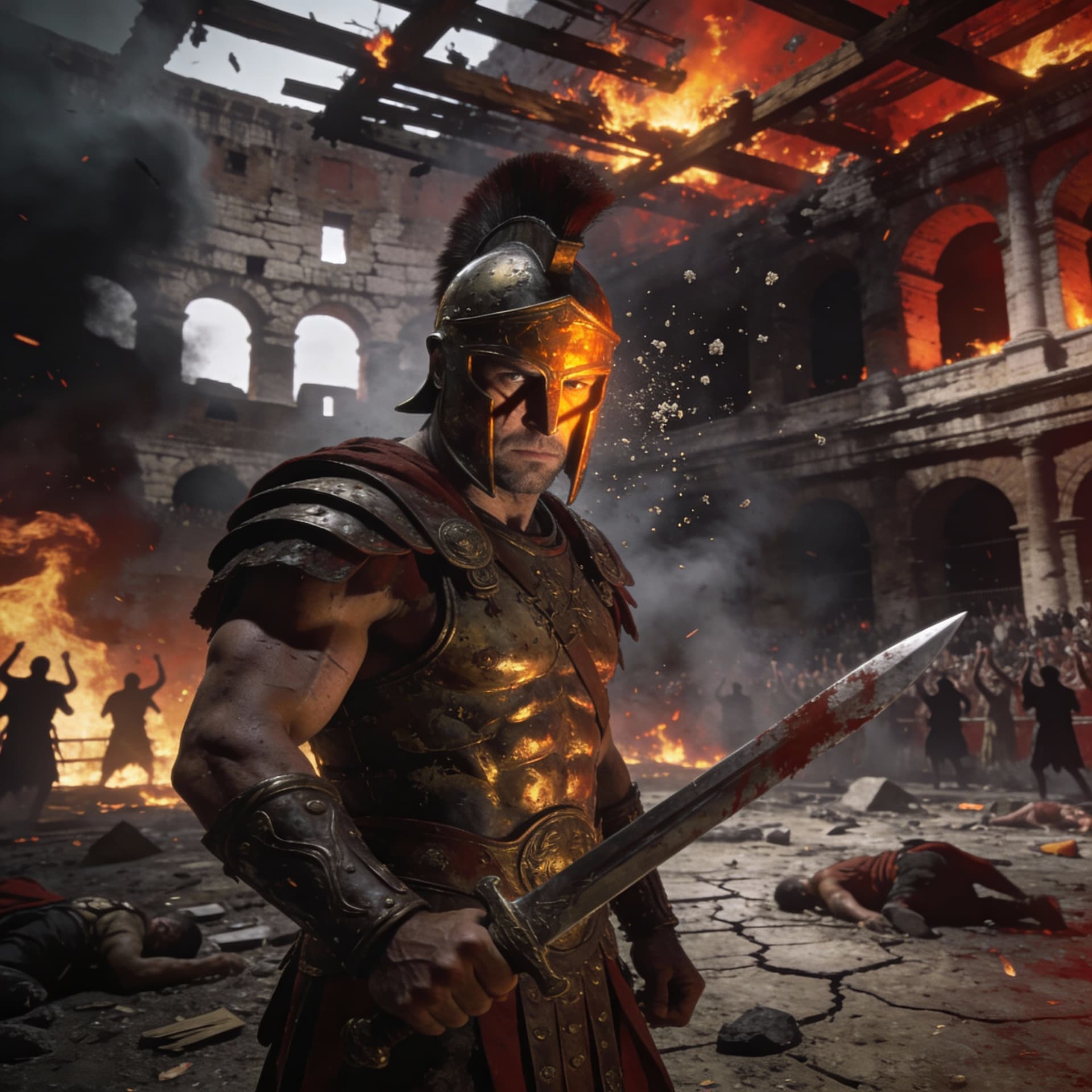 AI generated: Produce an image of a rome gladiator inside the coliseum while it burns to the ground ultra-realisti...