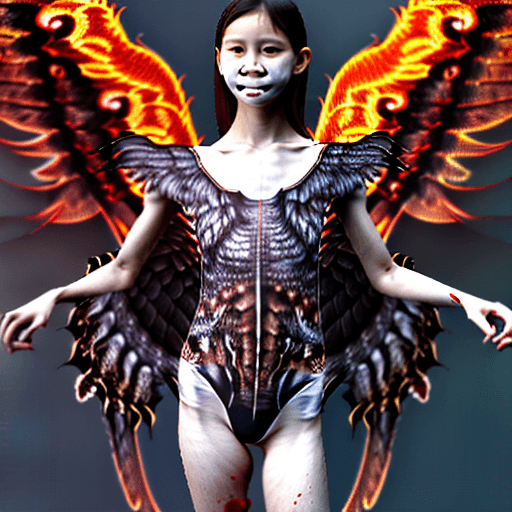 AI generated: extremely detailed hyper-realistic Winged Female Demon Arch-angel manguri, fire lava background, ful...