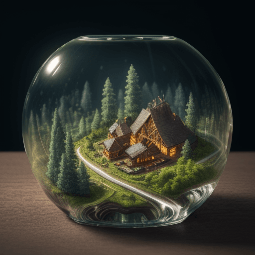 AI generated: (Intricate landscape of a forest mini-town enclosed in a transparent apple) on the table, 4K UHD, da...