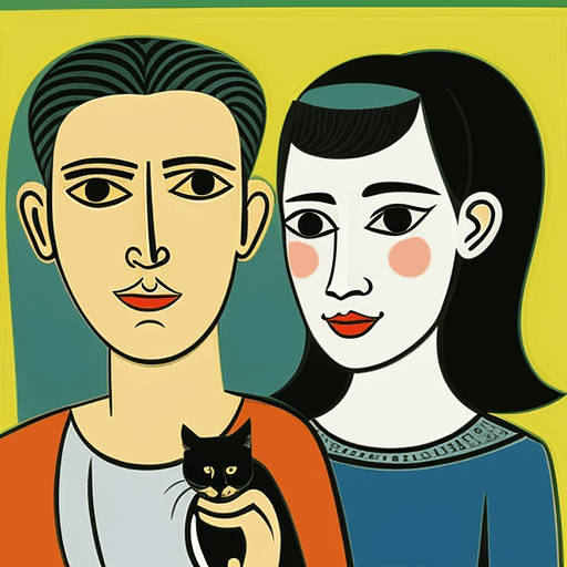 AI generated: Picasso style illustration of a man and woman with their cat
