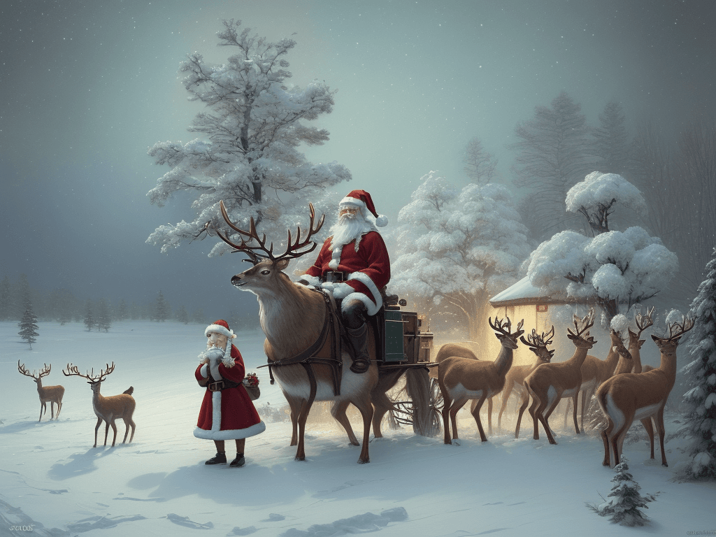 AI generated: A beautiful oil paint with Santa and the deers, very happy scene of christmas night in the north pol...
