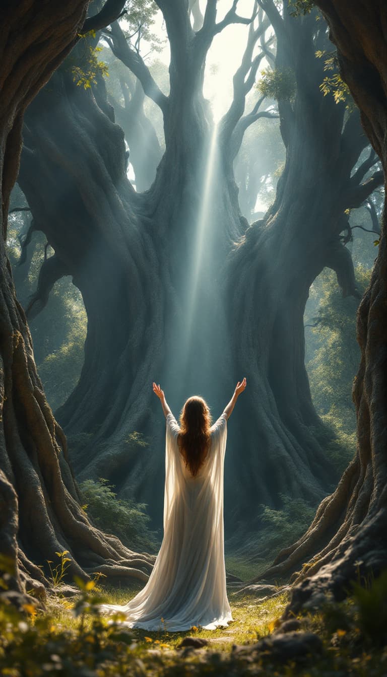 AI generated: Photorealistic fantasy composition, a young priestess in flowing robes standing within a circle of t...