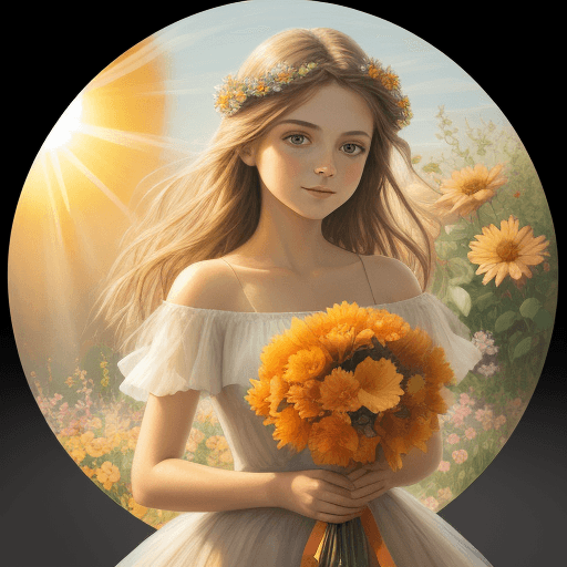 AI generated: oil paints in transparent layers, drawing of a beautiful girl holding a bouquet of flowers and the i...