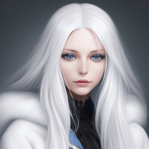 AI generated: Semi realistic, attractive, Woman, 25, long white hair, few black hair strips, blue pupils, white fu...